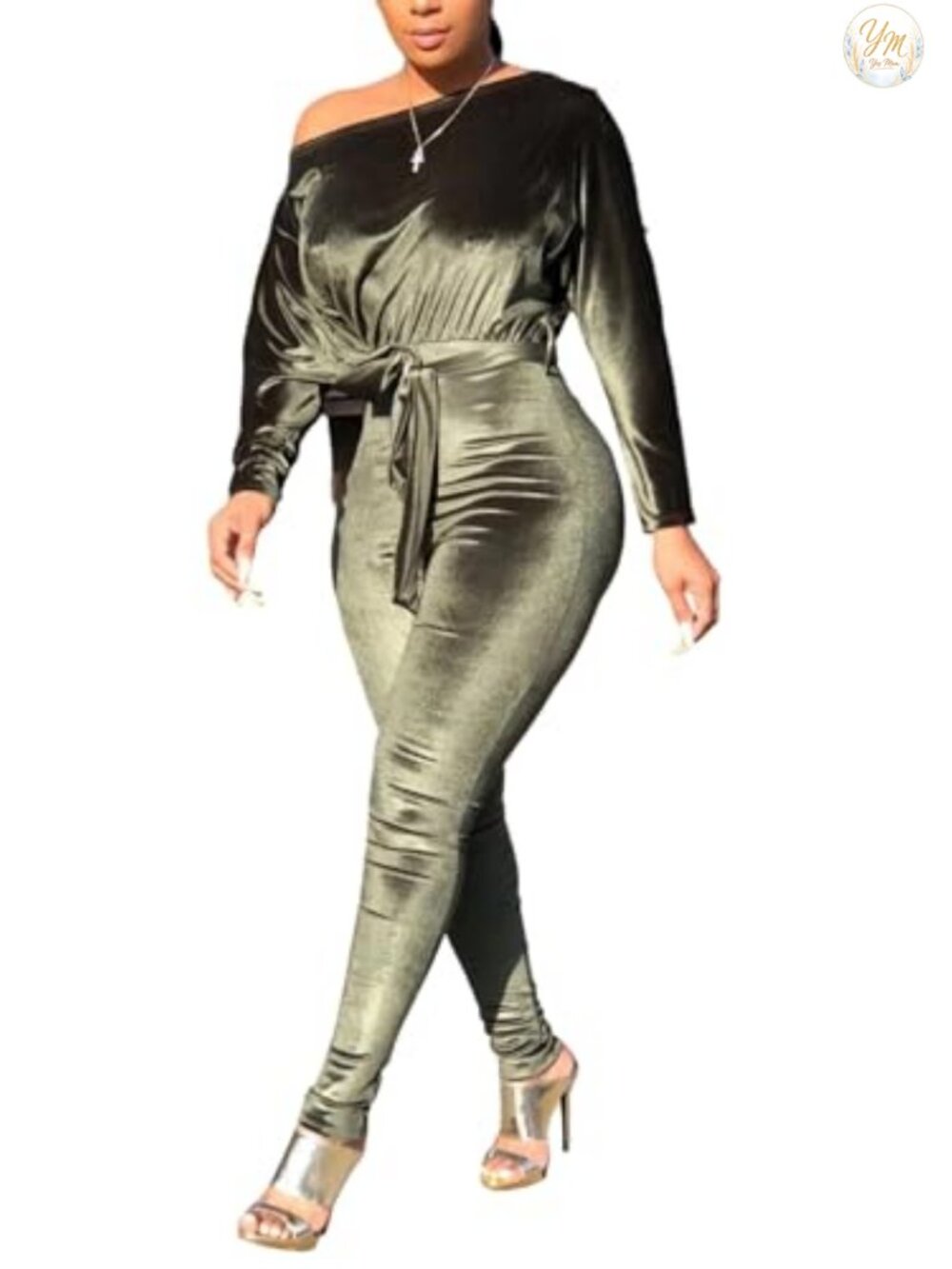 Velvet Off Shoulder Long Sleeve Bodycon Belted Jumpsuit